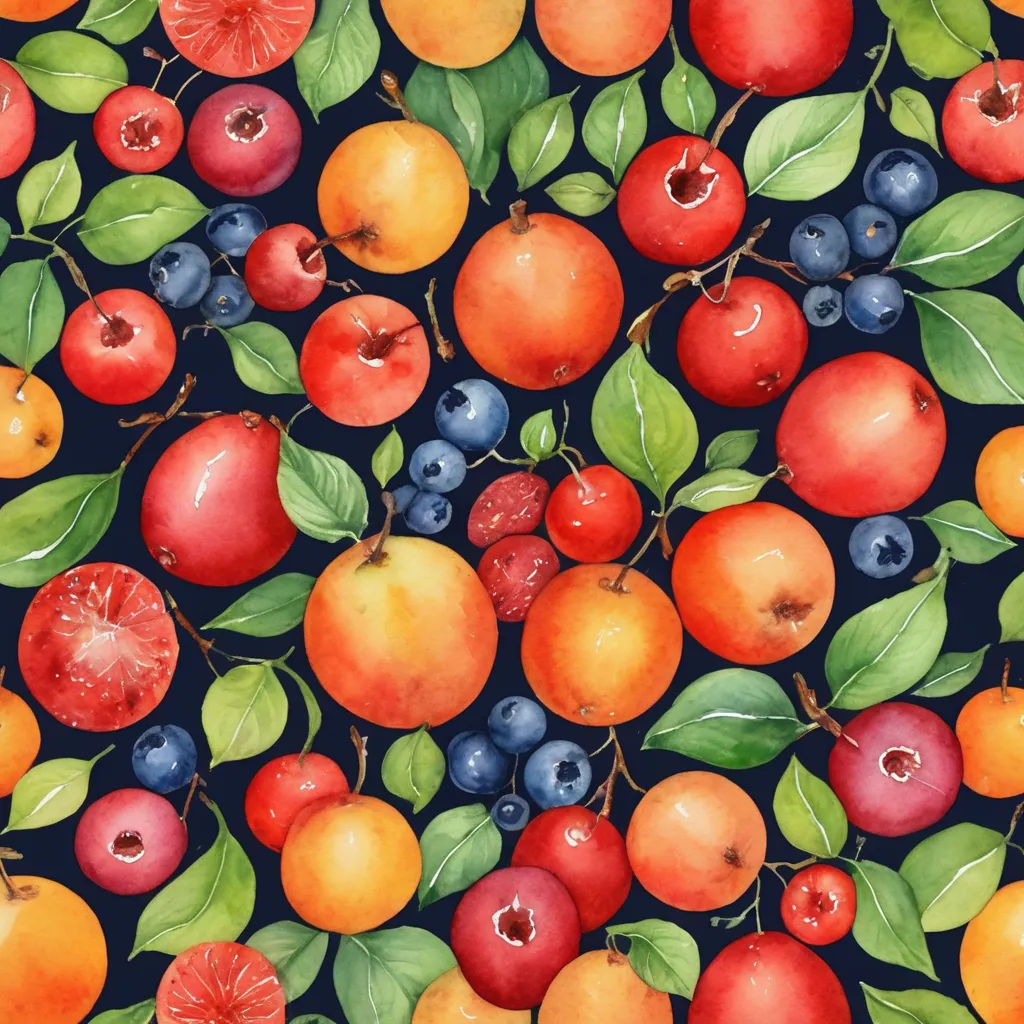 a painting of a bunch of fruit on a table top with leaves and berries on it, all in a pattern, folk art, a detailed painting, Annabel Kidston, berries