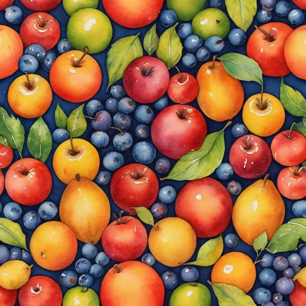 a painting of apples, blueberries, and oranges with leaves on a blue background with a blue sky, folk art, a detailed painting, Alison Watt, in gouache detailed paintings