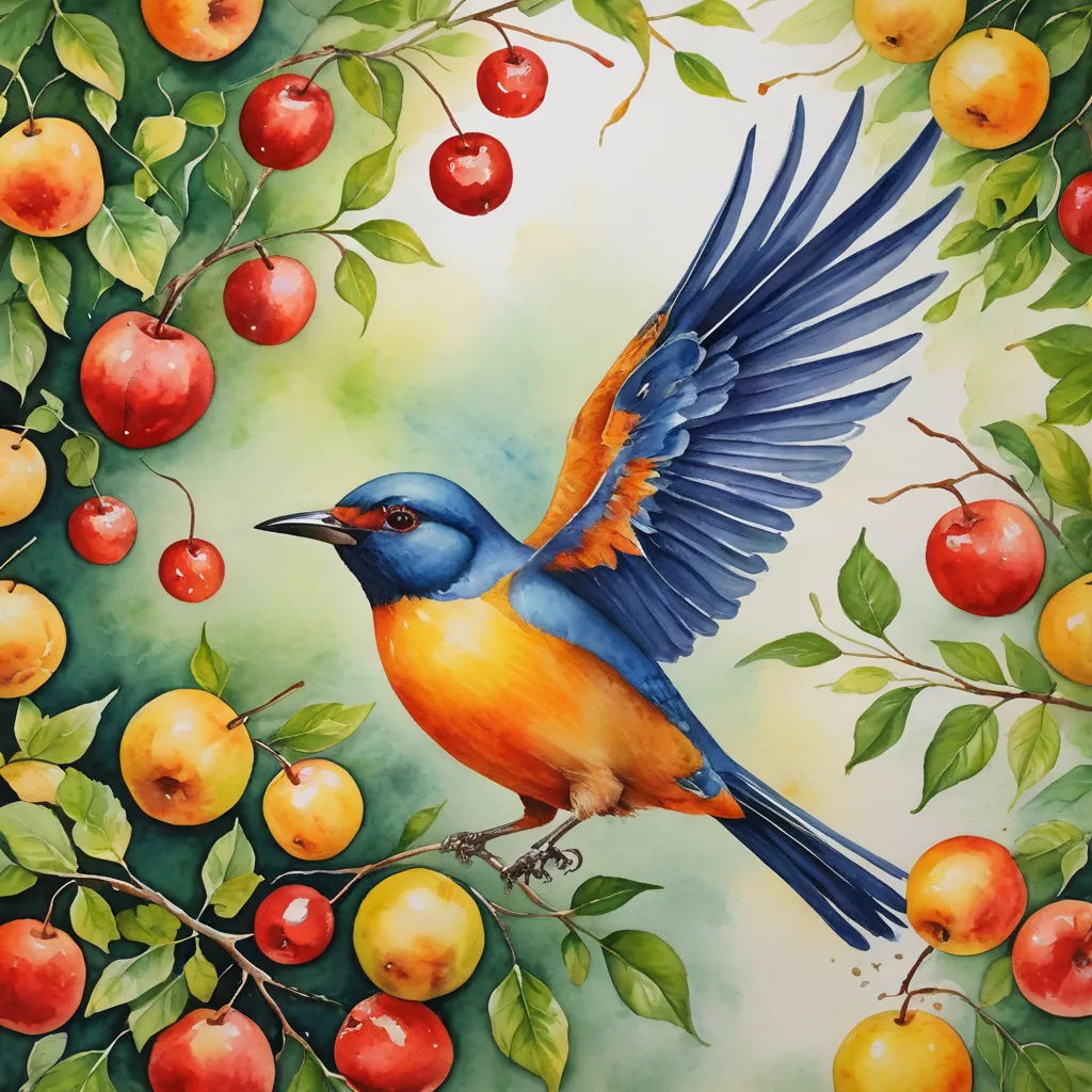 a painting of a bird sitting on a branch with apples in the background and a blue bird with orange wings, figurative art, a watercolor painting, David Martin, in gouache detailed paintings