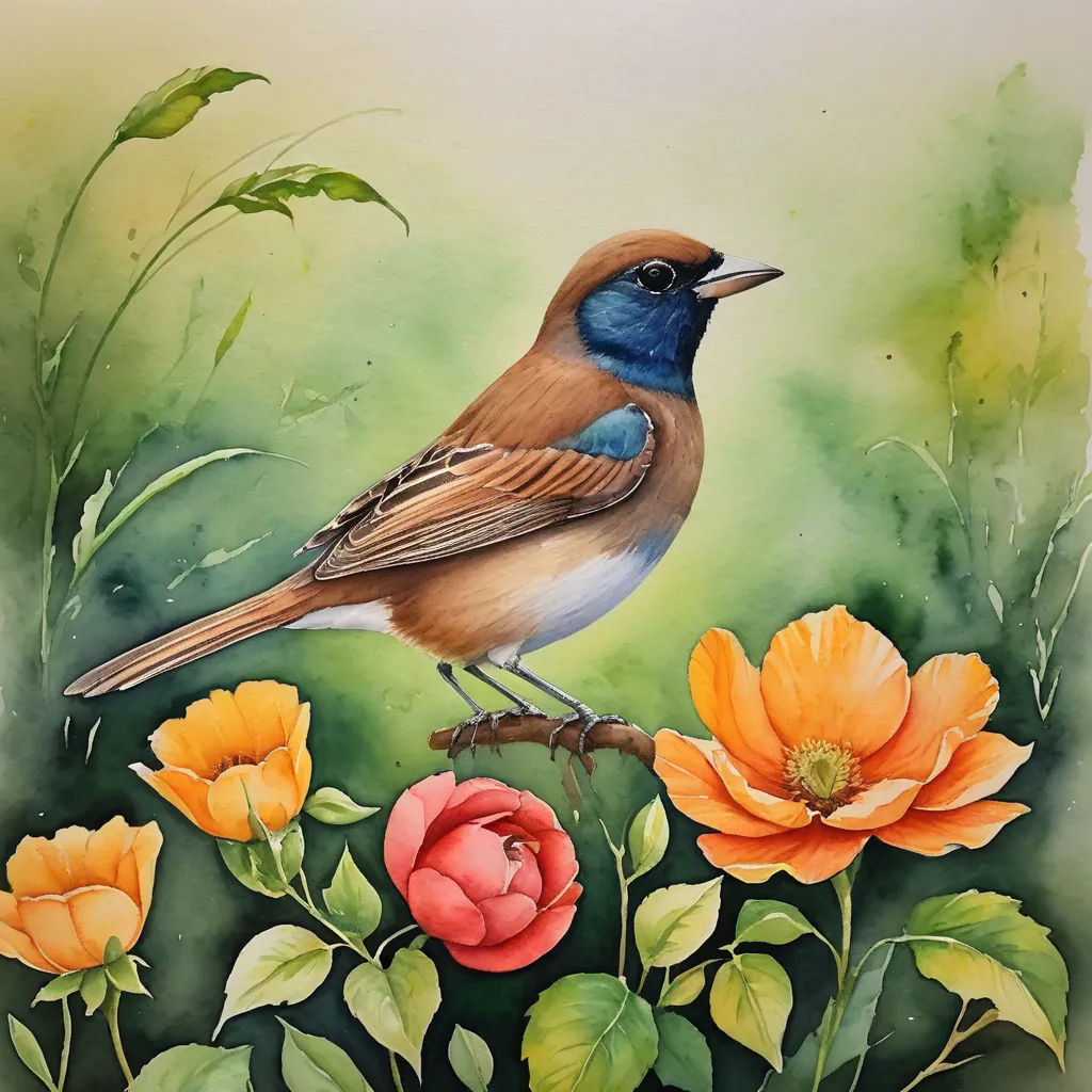 a painting of a bird sitting on a branch with flowers in the background and a green background with watercolors, cloisonnism, a watercolor painting, Carol Sutton, in gouache detailed paintings