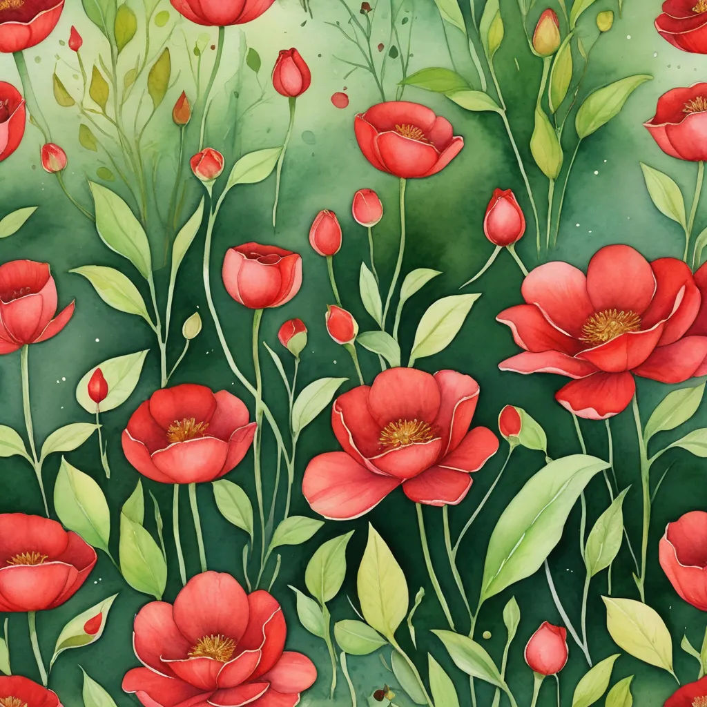 a painting of red flowers and green leaves on a green background with a white butterfly flying above them and a green background with a white butterfly, arts and crafts movement, a watercolor painting, Annabel Kidston, in gouache detailed paintings