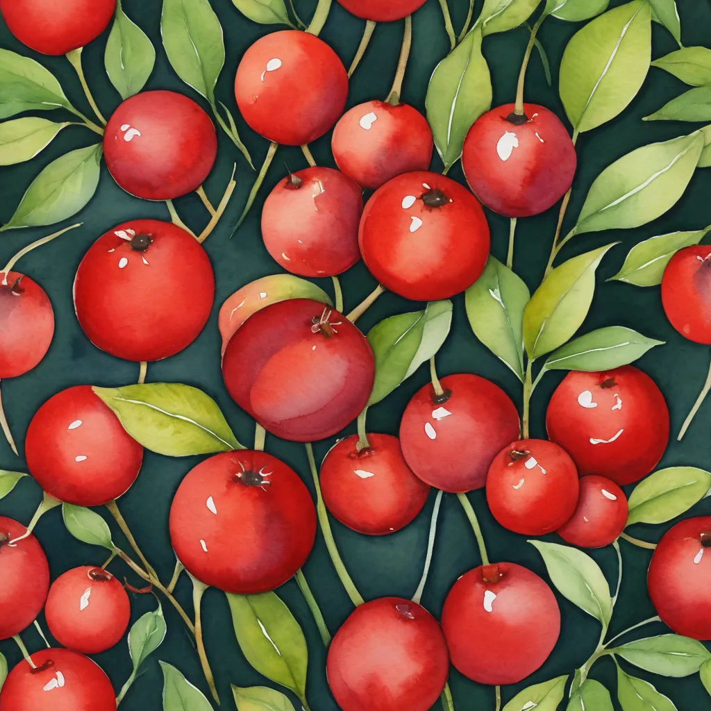 a painting of a bunch of cherries with leaves on a green background with a red apple on the top, naive art, a detailed painting, Felicity Charlton, in gouache detailed paintings