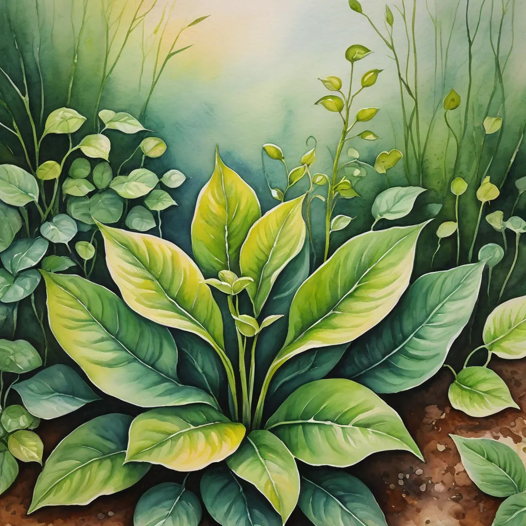a painting of a green plant with leaves and grass in the background, with dirt and grass on the ground, naturalism, a watercolor painting, Carol Sutton, in gouache detailed paintings