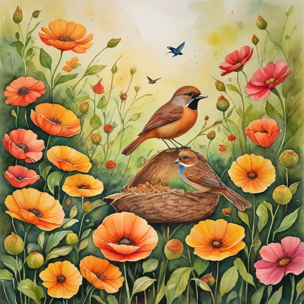 a painting of two birds sitting on a nest in a field of flowers with a bird flying above them, metaphysical painting, a watercolor painting, Carol Sutton, in gouache detailed paintings
