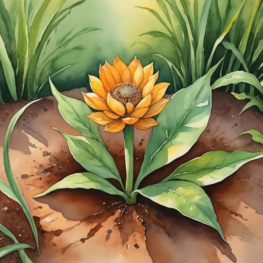 a painting of a sunflower in the middle of a field of grass and dirt with a green leafy plant, photorealism, a watercolor painting, Carol Sutton, in gouache detailed paintings