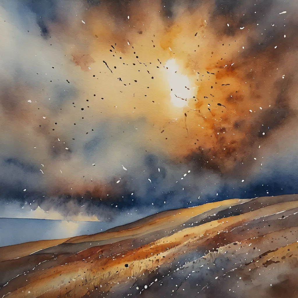 a painting of a sky filled with birds flying over a hill side with a sun in the distance and clouds in the sky, light and space, a watercolor painting, Alison Kinnaird, swirling mist