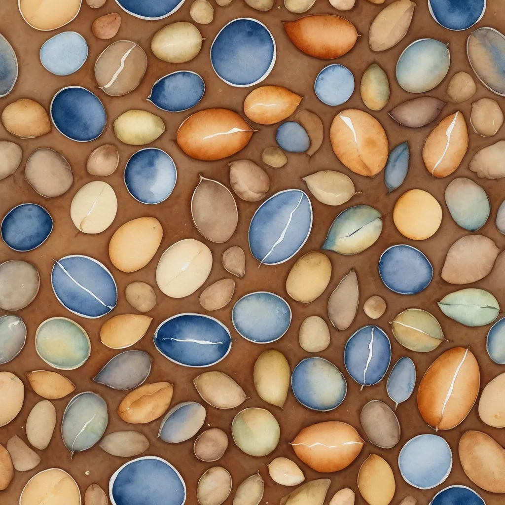 a painting of a bunch of rocks and pebbles on a surface with a brown background and blue and yellow colors, cloisonnism, a watercolor painting, Chris LaBrooy, detailed painting