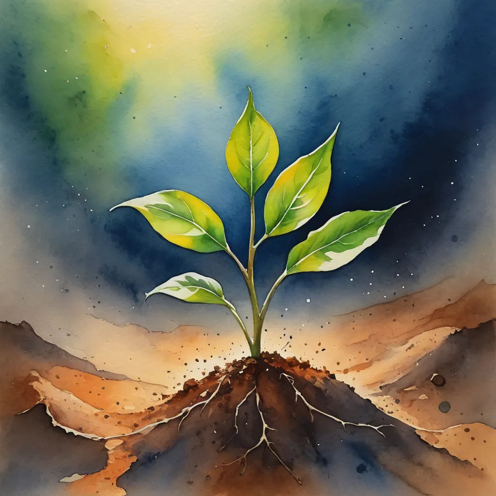 a painting of a plant with a green leaf on top of it's soil and dirt below it, modern european ink painting, a watercolor painting, David Boyd, watercolor