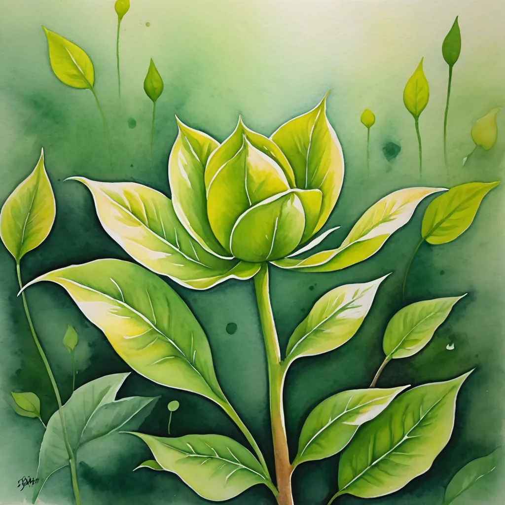 a painting of a green plant with leaves on it's stem and a green background with a white dot, cloisonnism, a watercolor painting, Alison Kinnaird, in gouache detailed paintings