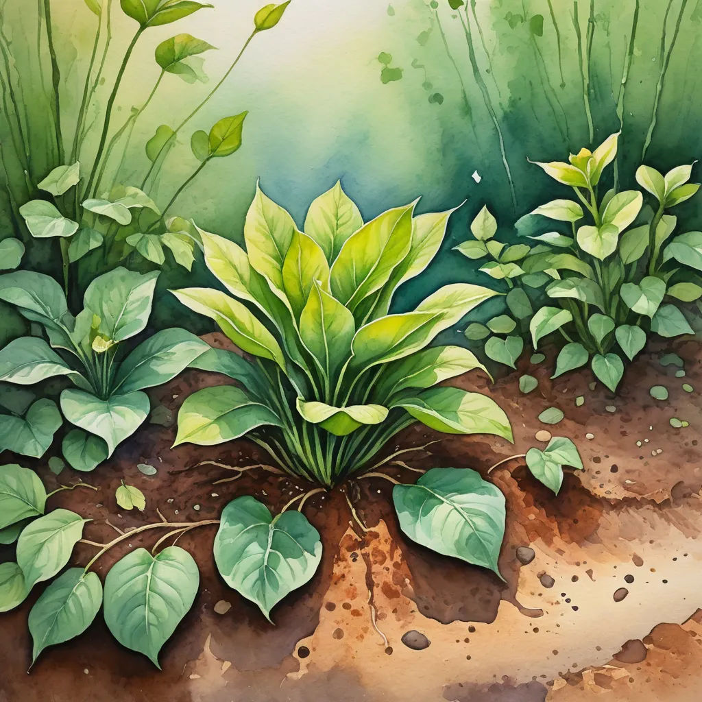 a painting of a garden with green plants and dirt ground with watercolor paint on it and a green background, environmental art, a watercolor painting, Choi Buk, in gouache detailed paintings