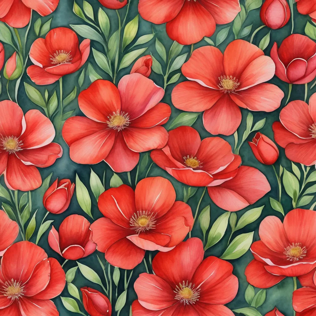 a painting of red flowers with green leaves on a green background with a red flower on the bottom right corner, folk art, a watercolor painting, Annabel Kidston, in gouache detailed paintings