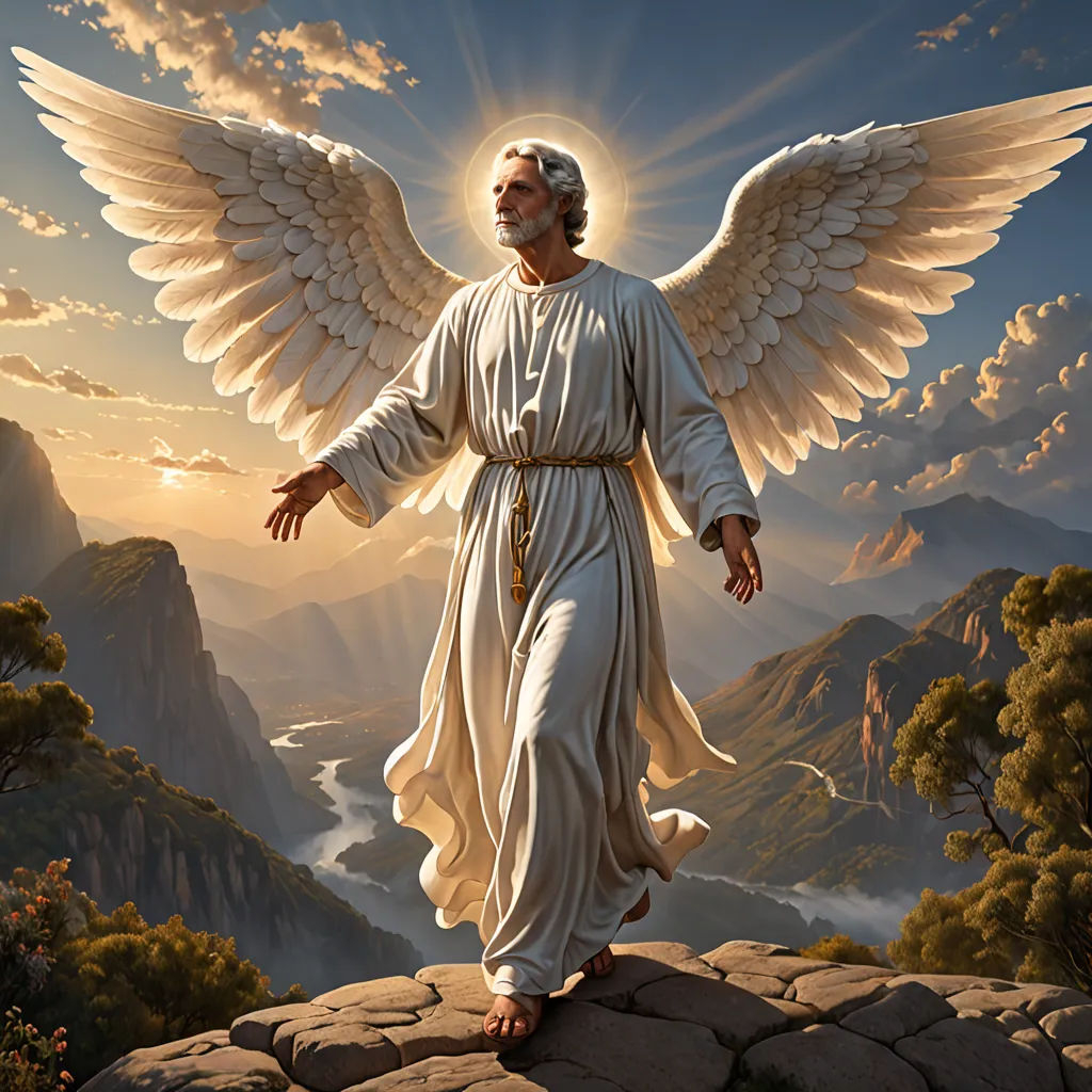 a painting of a man with wings standing on a rock in the mountains with a mountain view behind him, gothic art, a detailed matte painting, Anne Stokes, radiant light