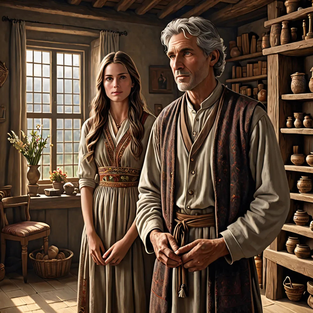 a painting of a man and a woman in a room with pottery on the walls and shelves on the wall, figurative art, a detailed matte painting, Brothers Hildebrandt, highly detailed digital painting