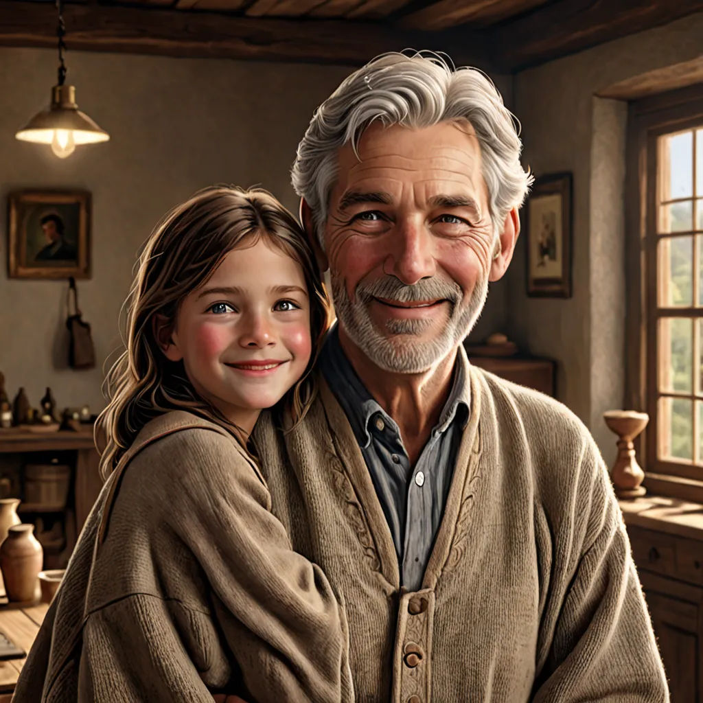 a painting of a man and a girl in a kitchen with a window behind them and a painting of a man and a girl in the background, photorealism, a storybook illustration, Bob Byerley, highly detailed digital painting