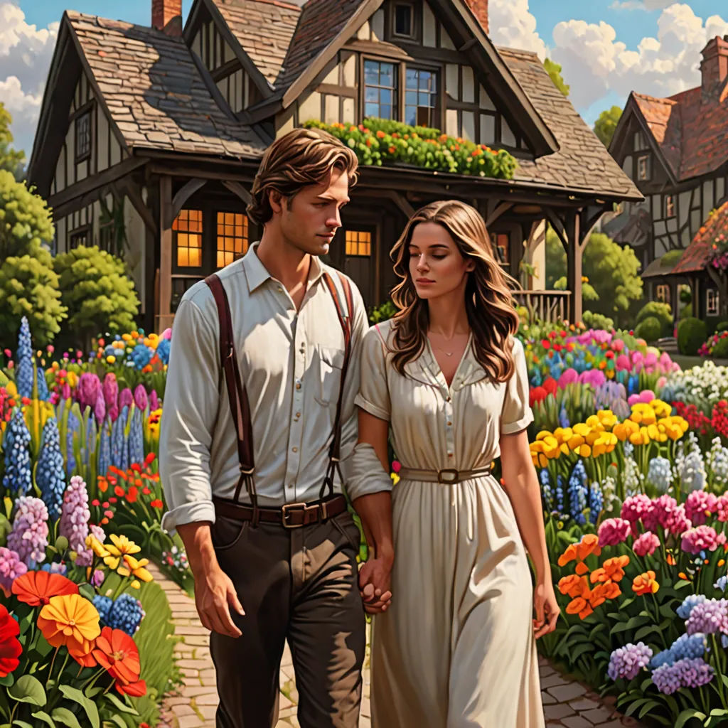 a painting of a man and woman walking through a garden with flowers in front of a house and a sky, figurative art, an oil painting, Evgeny Lushpin, kinkade