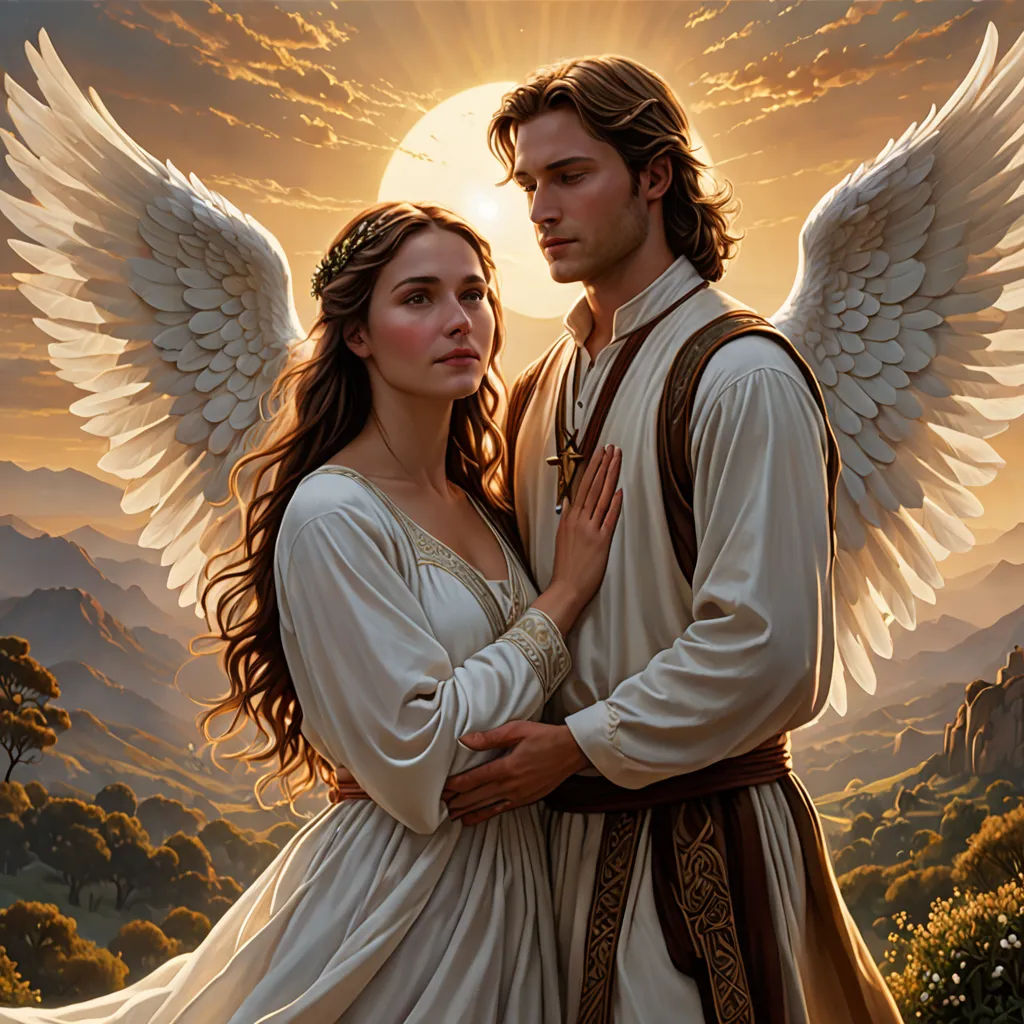 a painting of a man and a woman with wings on their shoulders, standing in front of a sunset, fantasy art, a fine art painting, Anne Stokes, kinkade