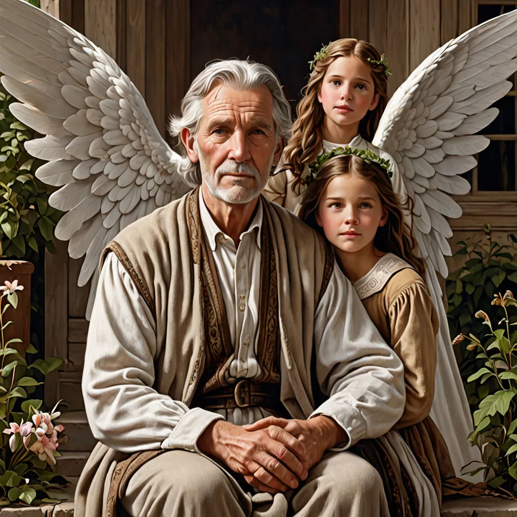 a painting of an old man sitting with two young girls on his lap and a man with angel wings on his shoulders, figurative art, an oil painting, Bob Byerley, highly detailed oil painting