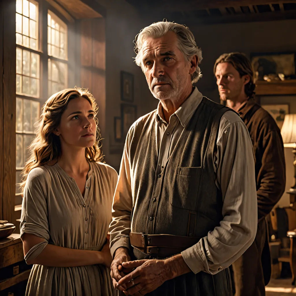 a man and a woman standing in a room with a window behind them and a man looking at the woman, arts and crafts movement, a poster, Anne Said, promotional image
