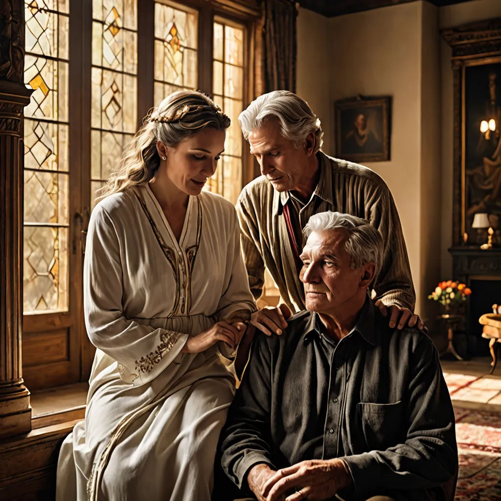 a man and woman sitting next to a man in a chair in a room with stained glass windows and a rug, arts and crafts movement, a renaissance painting, Ancell Stronach, promotional image
