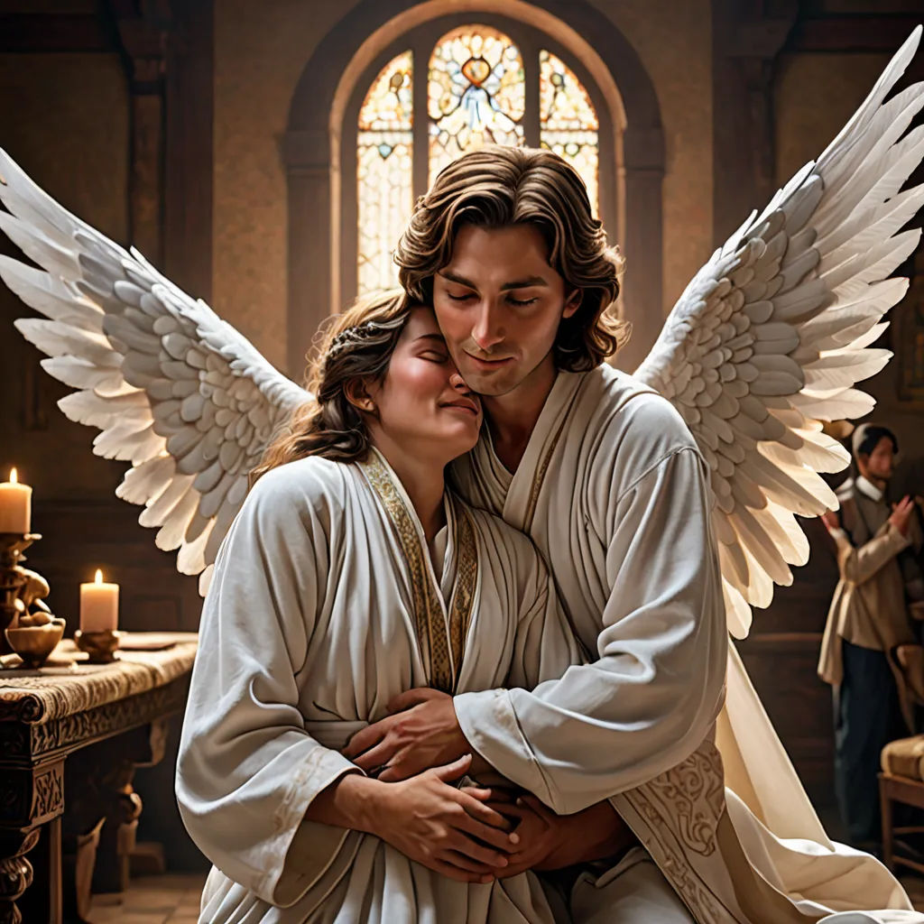 a man and woman are hugging in a room with candles and a stained glass window in the background,, magical realism, a detailed matte painting, Drew Struzan, promotional image