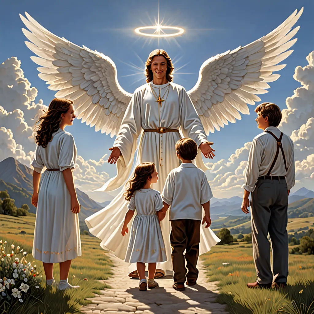 a painting of a man with wings and two children and an adult with a child in front of him, gothic art, a fine art painting, Christophe Vacher, angelic