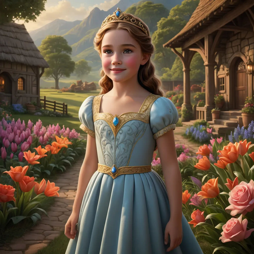 a young girl in a blue dress standing in a garden with flowers and a house in the background with a sky background, photorealism, a storybook illustration, disney, cgstudio
