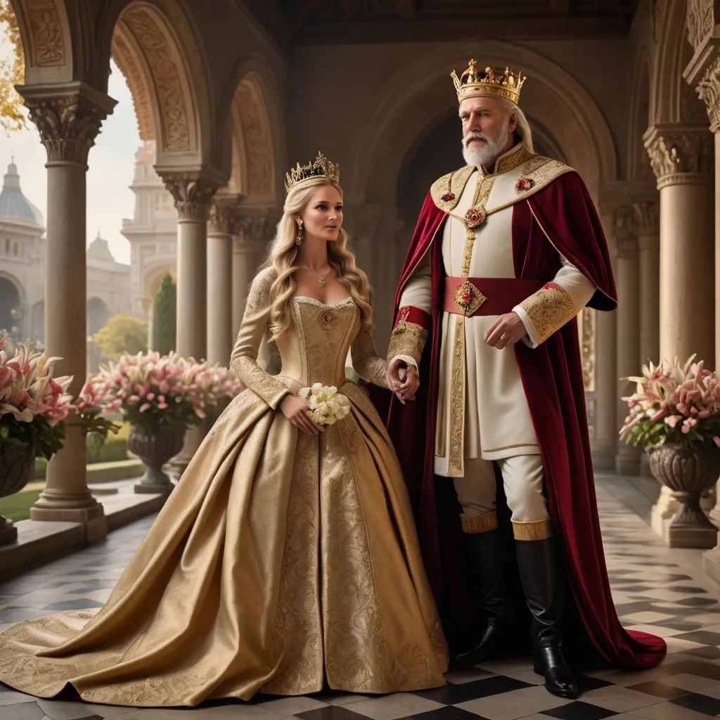 a man and woman dressed in renaissance clothing standing next to each other in a palace setting with flowers and arches, magical realism, a detailed matte painting, Edward George Handel Lucas, promotional image