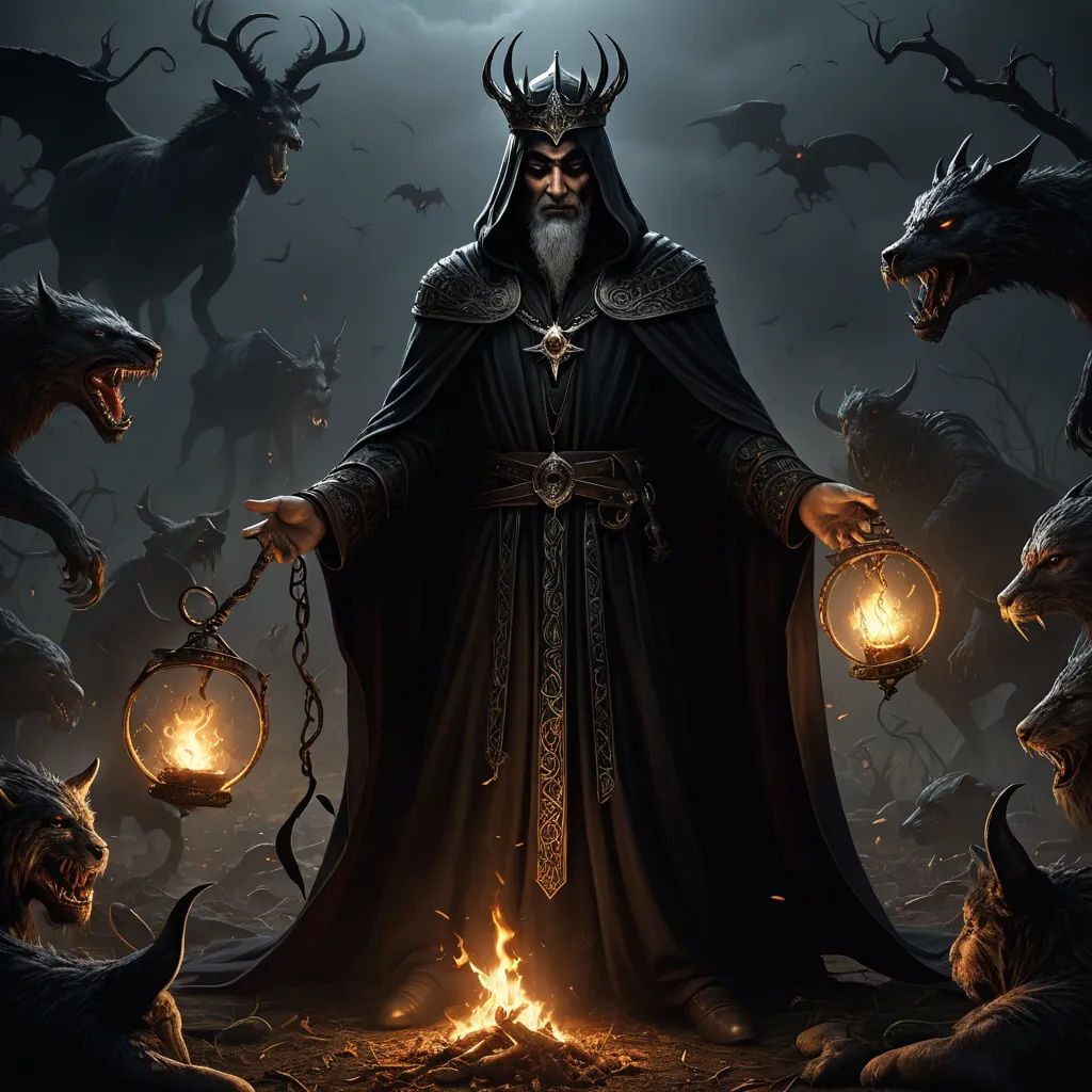 a man in a black robe holding a lantern and a demon with horns on his head and a demon on his shoulder, fantasy art, a character portrait, Bastien L. Deharme, epic fantasy character art