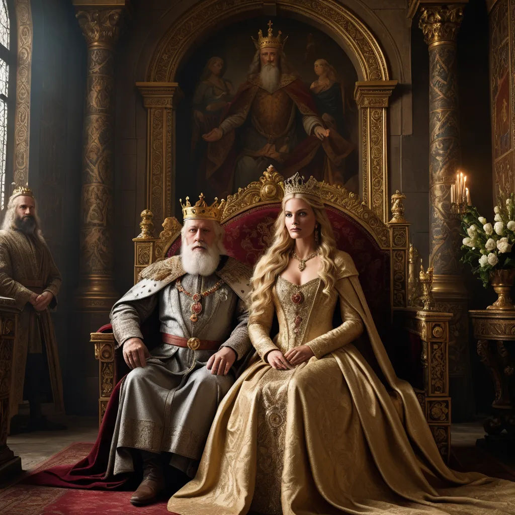 a man and a woman sitting on a throne in a room with a painting behind them and a man in a crown, international gothic, a renaissance painting, Artur Tarnowski, promotional image