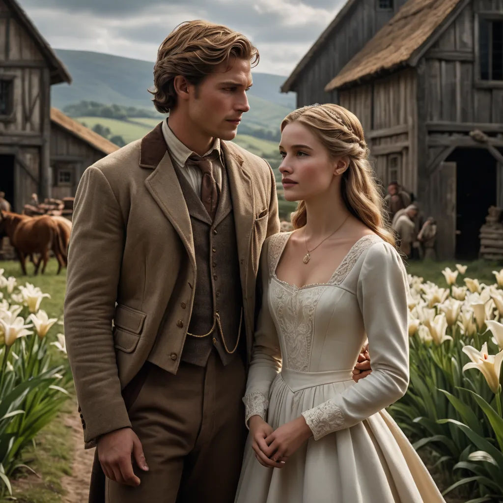a man and a woman standing in front of a barn with horses in the background and a field of flowers, arts and crafts movement, a poster, Anne Said, movie still