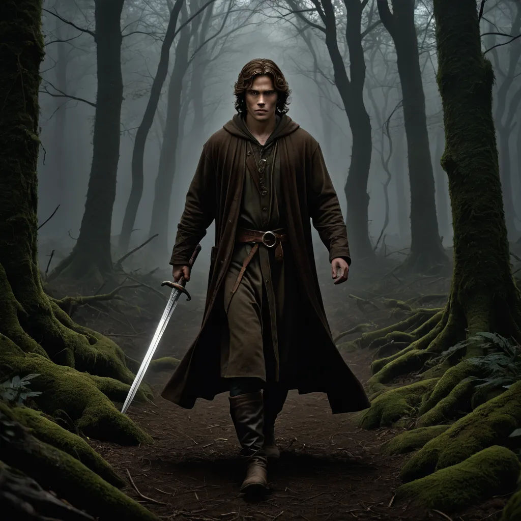 a man in a long coat holding a sword in a forest with moss growing on the ground and trees, fantasy art, a detailed matte painting, Dirk Crabeth, promotional image