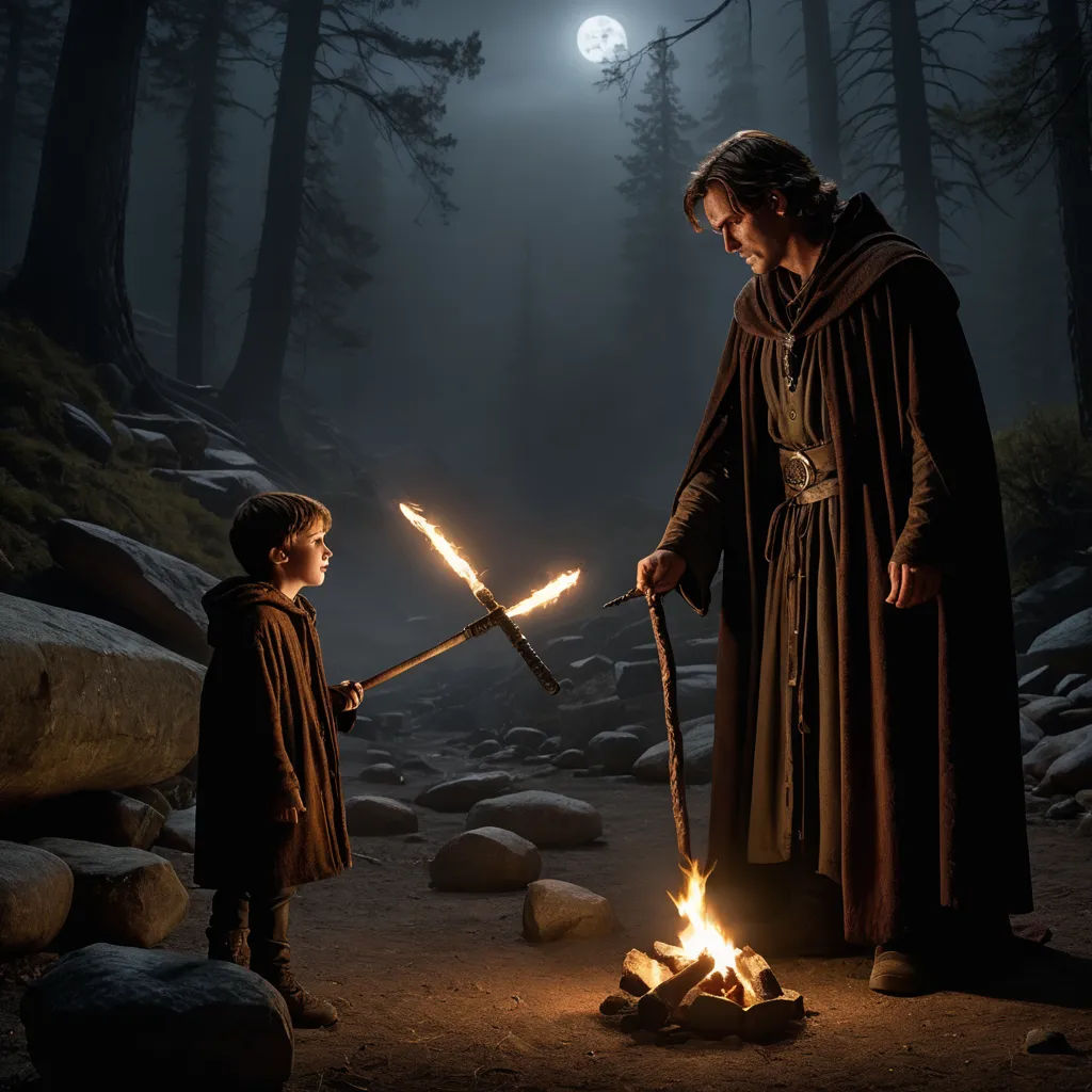 a man and a child holding torches in a forest at night with a full moon in the background and a full moon in the sky, fantasy art, a detailed matte painting, Diego Gisbert Llorens, promotional image