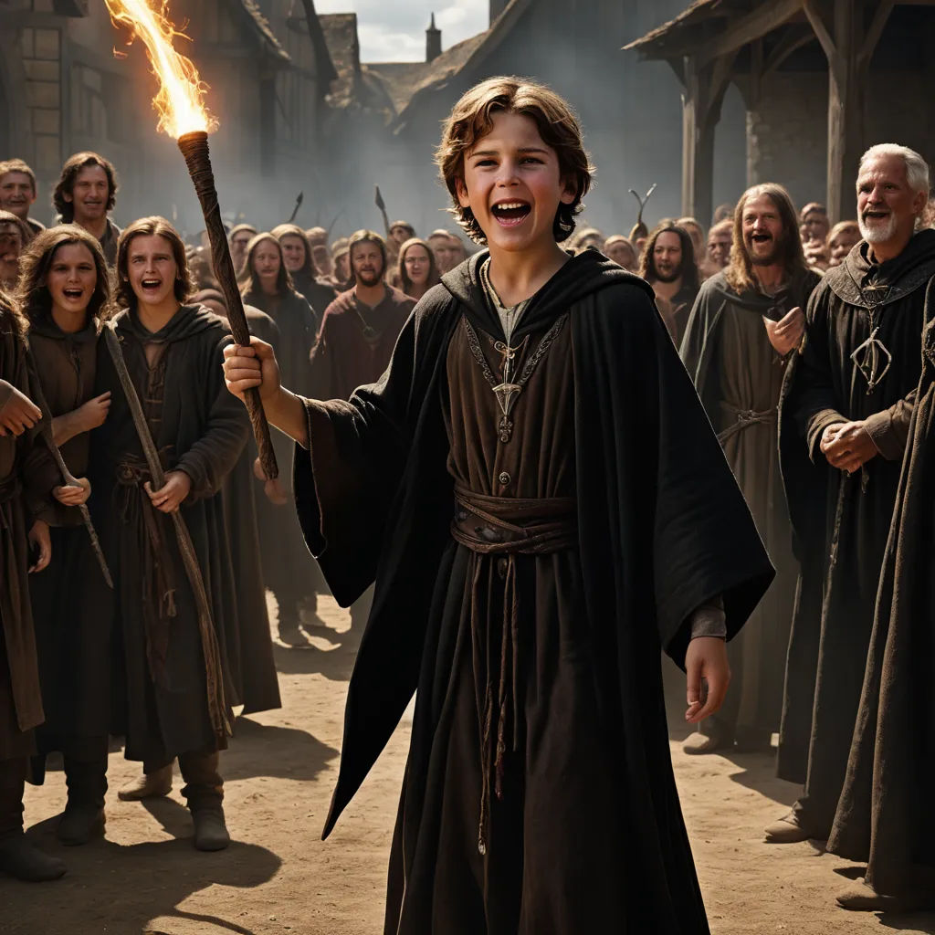 a man in a robe holding a stick with a crowd of people behind him in the background, all dressed in brown, antipodeans, a detailed matte painting, Andrei Rublev, promotional image