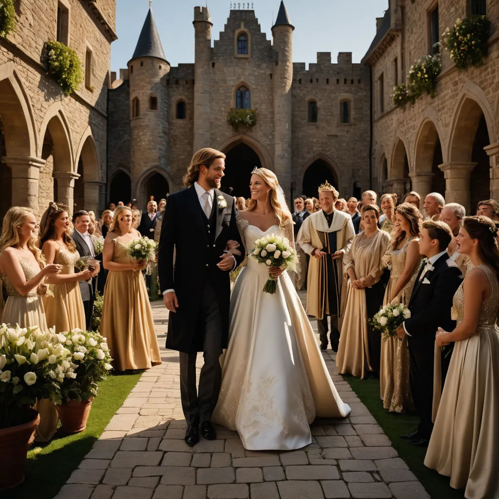 a bride and groom walking down the aisle of a castle wedding ceremony with guests in the background and a bride in a gown, romanesque, a storybook illustration, Christabel Dennison, medieval