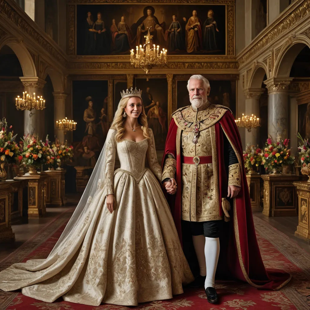 a man and woman in wedding dresses standing in a room with paintings on the walls and a chandelier, international gothic, a photorealistic painting, Edward George Handel Lucas, promotional image