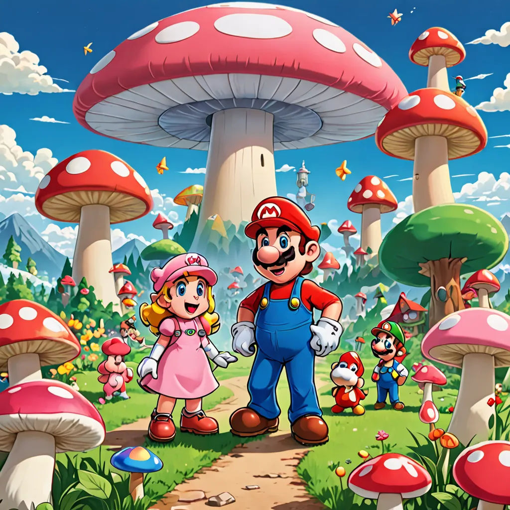 a nintendo game with mario and luigi in the background and a mushroom forest with mushrooms and mushrooms in the foreground, sots art, concept art, Daphne McClure, official art