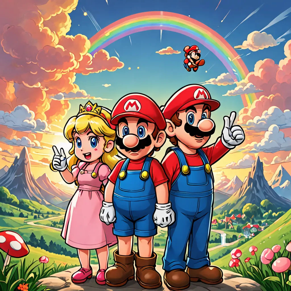 a group of people standing next to each other in front of a rainbow and mushroom land with a rainbow in the background, sots art, poster art, Chris LaBrooy, official art