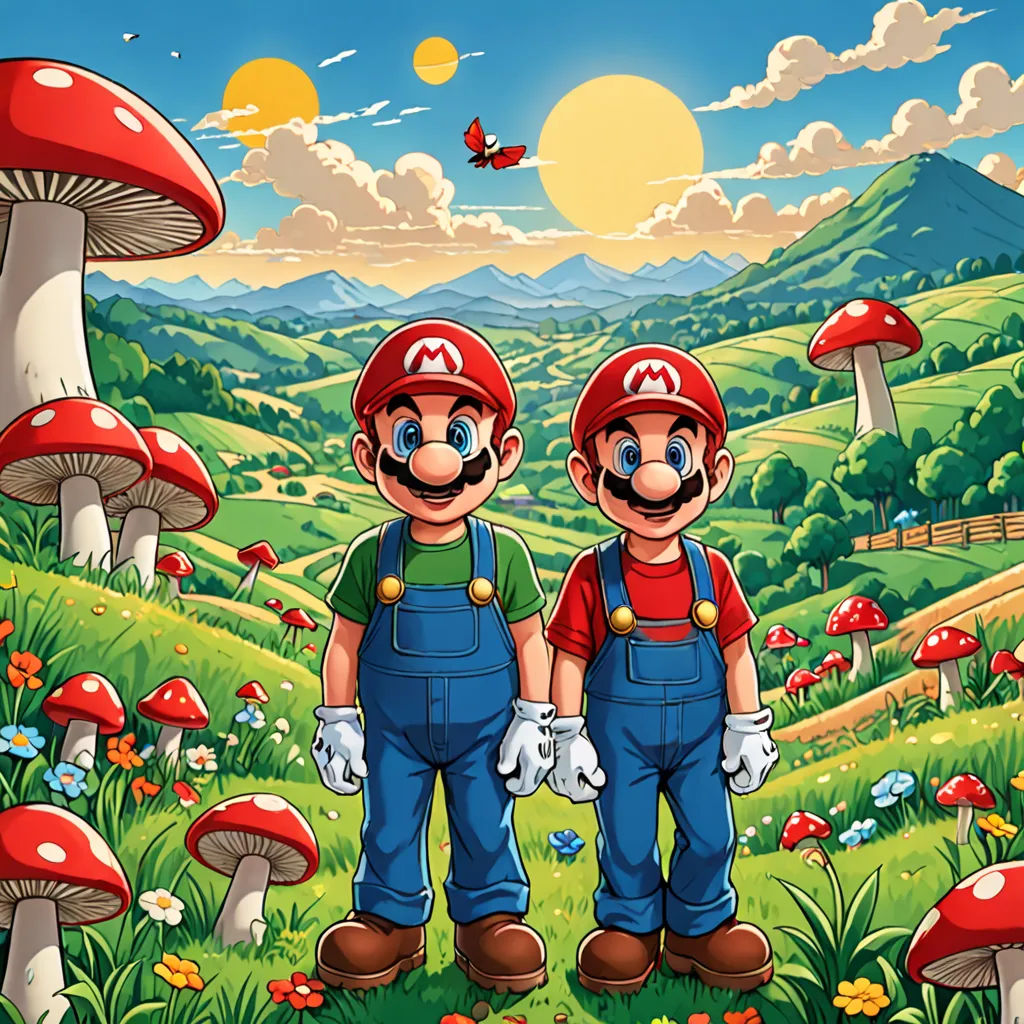 two mario brothers standing in front of a mushroom field with a butterfly flying over them and a mushroom hill in the background, psychedelic art, a storybook illustration, Dan Mumford, game art