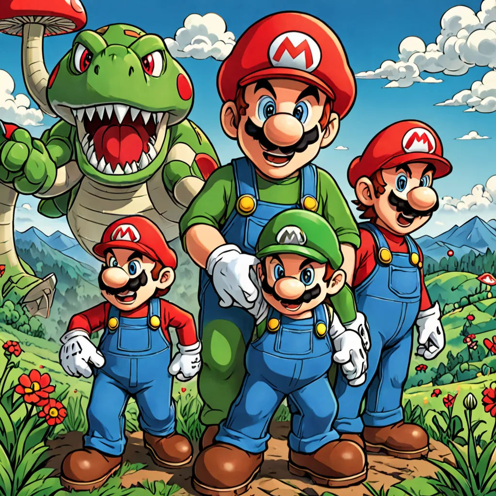 a group of mario bros standing next to a giant dinosaur and a mushroom house with a man in a red hat, sots art, concept art, Adam Rex, official art