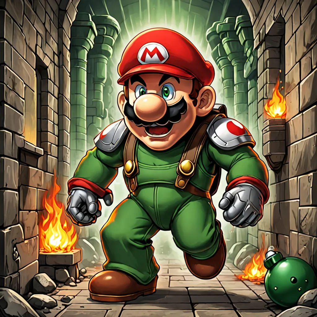 a cartoon of a man in a green suit and red hat running through a tunnel with fire coming from the floor, sots art, concept art, Americo Makk, official art
