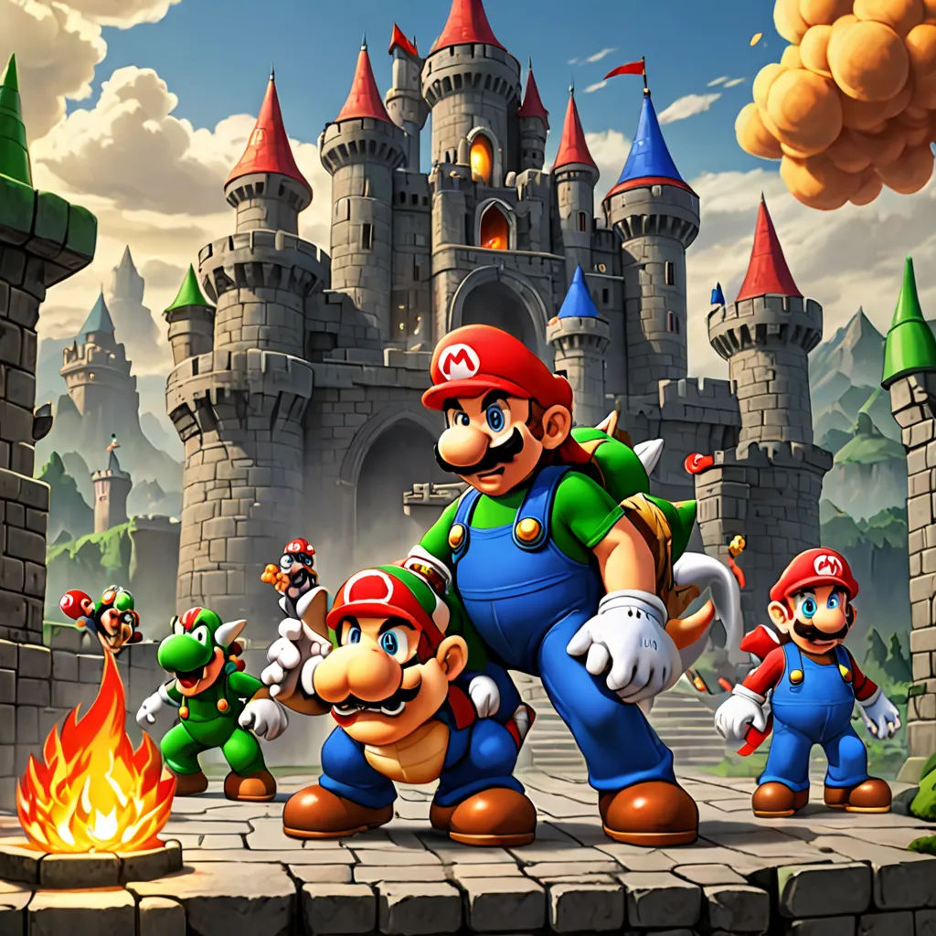 a group of mario bros characters in front of a castle with a fire pit in front of them and a castle in the background, sots art, concept art, Chris LaBrooy, official art