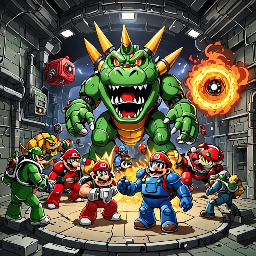 a group of people standing around a cartoon character in a tunnel with a monster on it's face, sots art, concept art, Abidin Dino, 2 d game art
