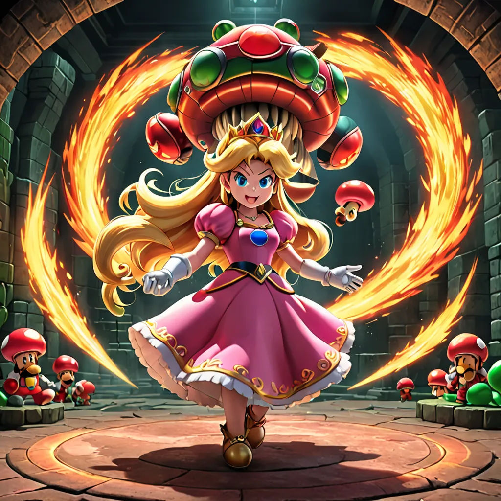 a woman in a pink dress standing in front of a fire ring with a mushroom on top of her head, sots art, concept art, Alice Prin, official art