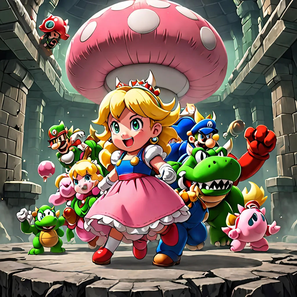 a nintendo game with mario and other characters in front of a mushroom house with a mushroom on the ground, sots art, concept art, Alice Prin, official art