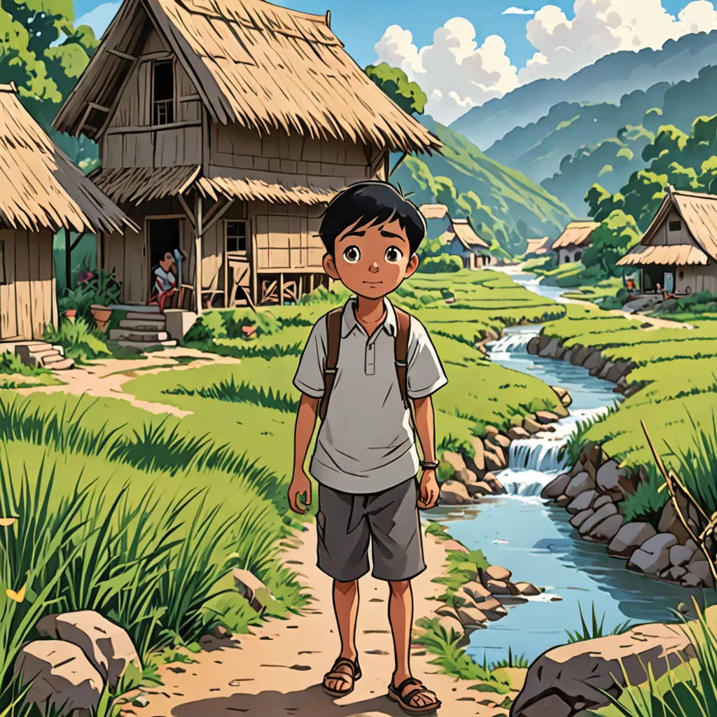 a boy is standing in front of a village with a stream and a house on the other side of the village, environmental art, a storybook illustration, Basuki Abdullah, official art