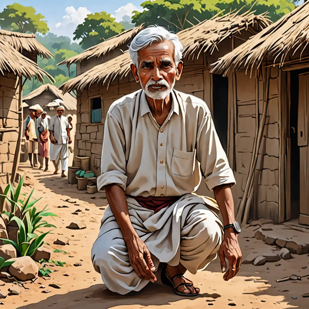 a painting of a man sitting on a dirt road in front of a village with thatched huts and a few people walking by, samikshavad, a detailed painting, Bhupen Khakhar, highly detailed digital painting