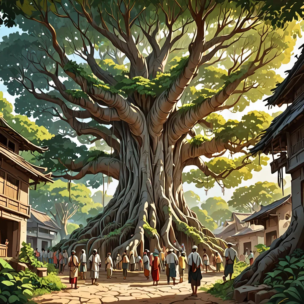 a painting of a tree with people walking around it in a village area with buildings and a walkway leading to it, fantasy art, a detailed matte painting, Andreas Rocha, rossdraws global illumination