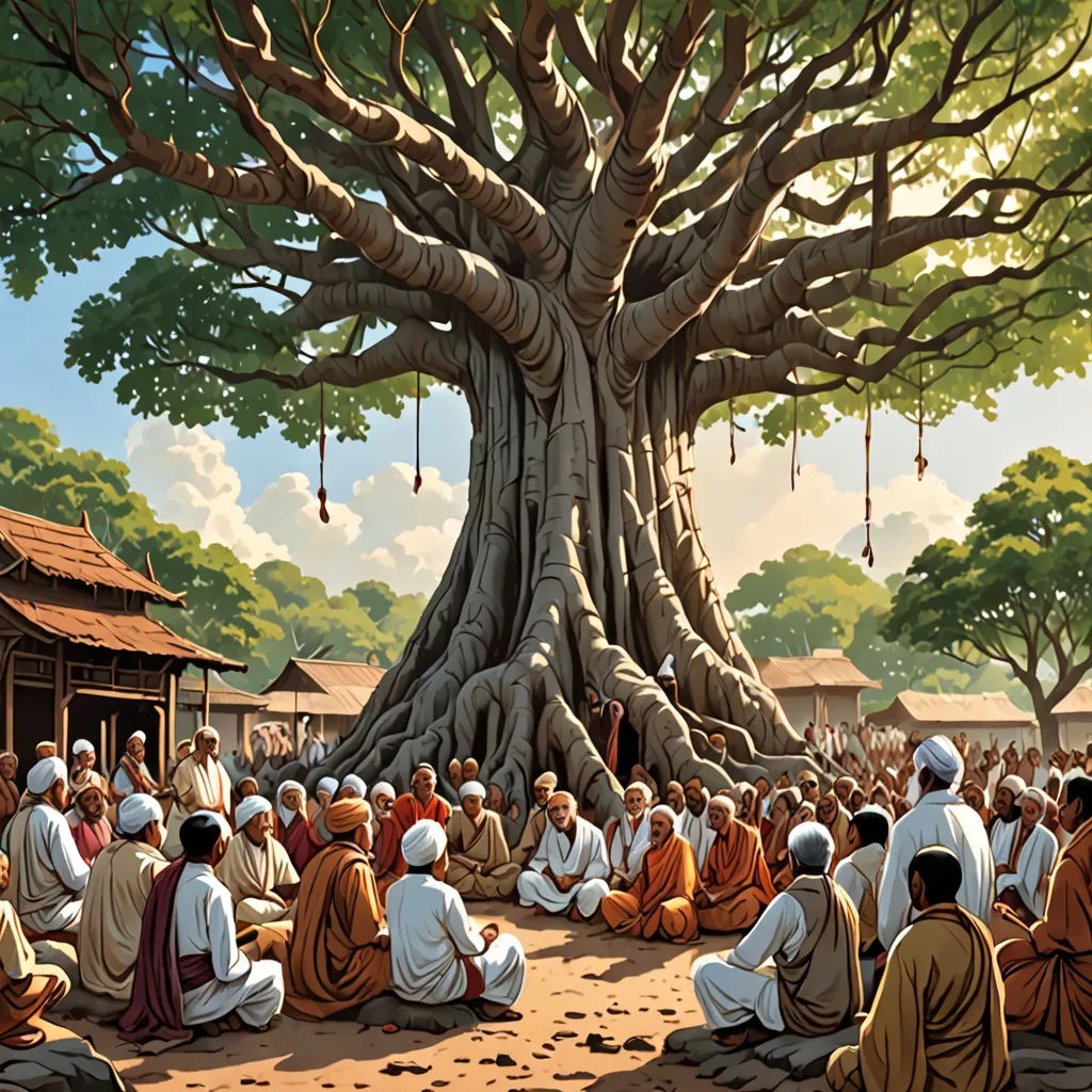 a painting of a group of people sitting under a tree in front of a building with a large tree, samikshavad, a storybook illustration, Bapu, roots
