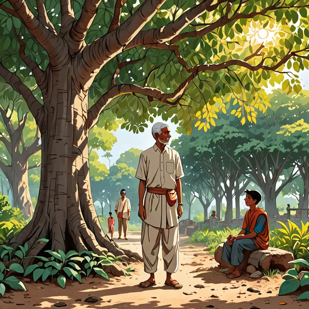 a man standing next to a tree in a forest with other people around him and a man sitting on a bench, samikshavad, a storybook illustration, Asaf Hanuka, graphic novel