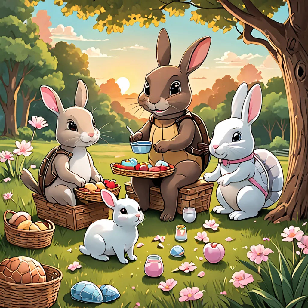 a painting of a couple of rabbits sitting in a field with a basket of eggs and a basket of eggs, furry art, a storybook illustration, Dan Mumford, rossdraws global illumination